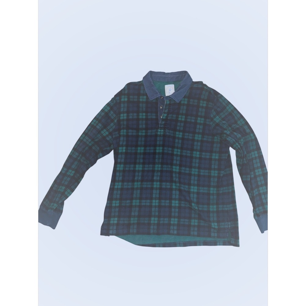 Lands End Rugby Shirt Mens XL Deep Green Blue Plaid Long Sleeve Collared